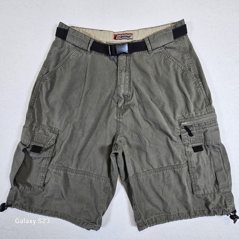 Brittania Mens Cargo Shorts Size 33 Cotton Green Workwear Belted